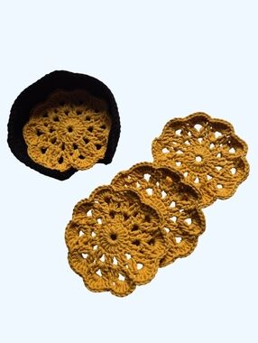 Crocheted Cotton Flower Round Coasters-Set Of 4 With Holder-Black and Gold